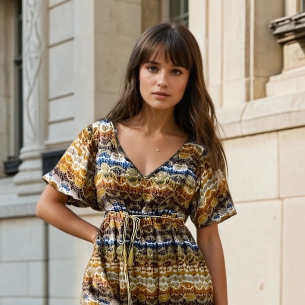 June & Hudson printed tassel tie v-neck dress xl